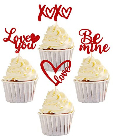 SYKYCTCY 24 Pack Valentine's Day Cupcake Toppers Glitter Be Mine XOXO Love You Cupcake Food Picks Valentine's Day Theme Wedding Bridal Shower Birthday Party Cake Decorations Supplies Red