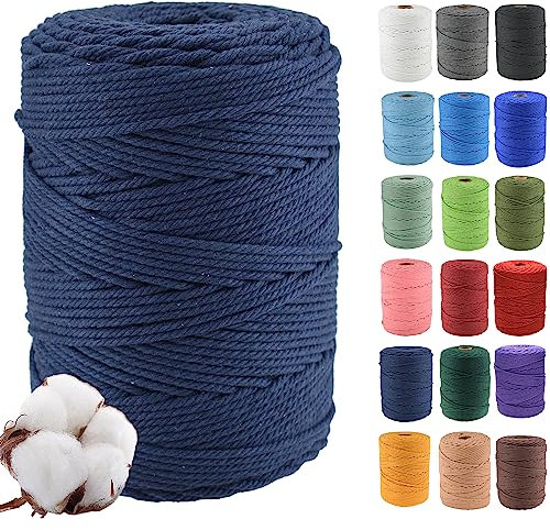 Klhamky 4mmx300m Corda di Cotone Naturale Macramé - Corda di Cotone 100% Naturale a 4 Fili Ritorti per Appendini Fatti a Mano, Fai-da-te, Creazioni Artigianali,blu navy