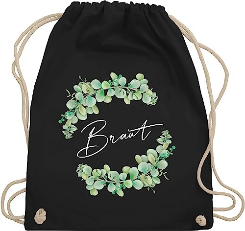 Turnbeutel Rucksack - JGA Junggesellenabschied Frauen - Braut Eukalyptus filigrane Schrift weiß - Unisize - Schwarz - heiraten geschenk brauttaschen team bride beutelrucksäcke brautbeutel