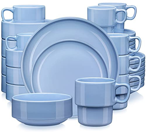 LOVECASA, Série SWEET, 32 Pcs Service de Table Porcelaine en Forme de Bord Debout, Service Complet Empilable pour 8 Personnes, Assiette Plate, Assiette à Dessert, Bols, Tasse Mug - Lavande