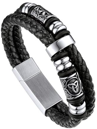 Bandmax Men Personalized Black Leather Wristand Custom Engraving Beads Bracelet Double layer Rope Braided Bracelets for Men Boy Celtic Knot Jewelry for Husband Father -21