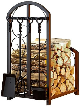 CALIDOLA Kaminholzregal mit 4 Kaminwerkzeugen für drinnen und draußen, robuste Kaminholzhalter, Holzregal für Kamin und Herd, großes Werkzeug-Set, Herdofenzubehör, schwarz
