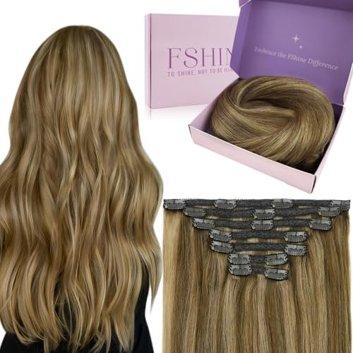 Fshine Clip in Extensions Echthaar Mittelbraun und Karamellblond 35cm 7 Stücke 120g Echte Haare Extensions Clip in Echthaar Farbe 4P27