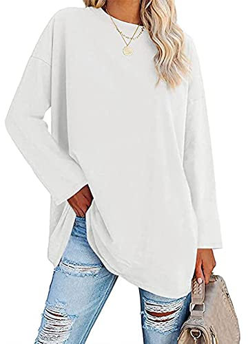 Famulily Womens Casual Long Sleeve Loose Tee Tops Ladies Round Neck Comfy T Shirt Baseball Tops White XXL