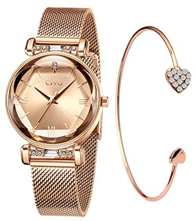 CIVO Orologio Donna Set Oro Rosa Acciaio Inossidabile Analogico Elegante Polso Stelle Bracciale Quarzo Regalo