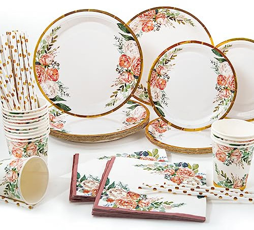 Yidaxing 125pcs Vaisselles Jetables Or Rose Fleurs, Assiettes Hawaïennes Gobelets Pailles Serviettes pour Décoration Fête de Mariage Anniversaire Baby Shower, 25 Invités