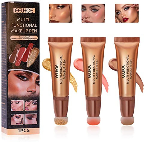 3 Stück Creme Kontur Sticks mit Kissenapplikator, Liquid Blush Contour Schönheitsstab, Wasserdichter Contour Beauty Wand, Highlighter Stick, Blush Stick für Frauen