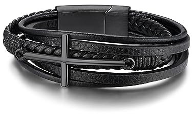 GoldChic Herren Männer Lederarmband Wickelarmband 19cm lang Herrenarmband Lederband mit Kreuz Anhänger Schwarz Lederarmbänder Armkette