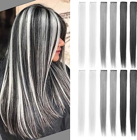 MQY COLOR 12 PCS Mehrfarbige Haarverlängerungen Clip in, Graue Haarteile Party Highlights DIY Graue Haarzubehör für Mädchen Frauen 21 Zoll Langes Haar (Grau, Dunkelgrau, Hellgrau)
