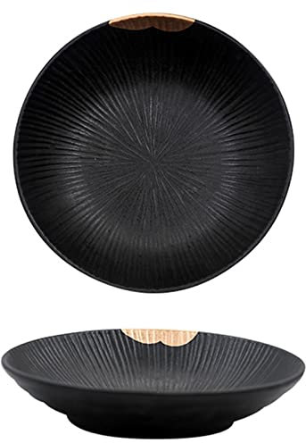 Noodle Bowls Dinnerware for Kitchen - Ceramic Japanese Ramen Noodle Soup Bowl,8.6/10 Big Pasta Bowls for Udon Soba Pho Asian Noodles, Large, Black Embossed Plate with Gold Edge (Size : 10)