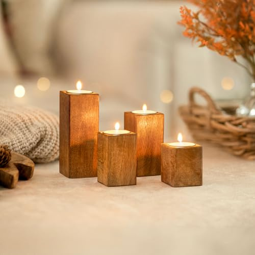Marco Paul Heart Shape Wooden Tray for 3 Tealights – Mango Wood Tealight Candles Holder – Tea Light Candle Holders Dining Table Home Decoration & Christmas Table Centrepiece (4 Tealight Holder)