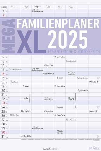 Alpha Edition - Der MEGA-Familienplaner XL 2025 Familientimer, 33x49,5cm, Familienkalender mit 8 Spalten für Termine, viel Platz für Notizmöglichkeiten, Ferientermine DE/AT/CH, deutsches Kalendarium