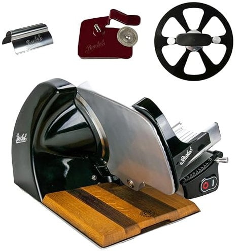 Berkel Aufschnittmaschine Home Line 250 in schwarz - Premium Schneidemaschine inkl. handgefertigtem Einlegebrett + Messerabnehmer + Schleifaufsatz + Aufschnittzange - Sonderangebot, HL250