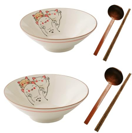 Ceramic Japanese Ramen Bowl Noodles Bowls for Soup Pho Udon Soba Salad Snack Cereal Dishes with Spoons Chopsticks 900ml Gift Set (Fortune Cat)