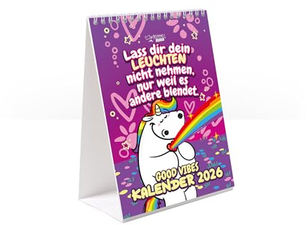 Einhorn Tischkalender 2026 von Pummeleinhorn mit niedlichen Motivationssprüchen I A5 Monatskalender mit Notizfeldern I Gute Laune für jeden Schreibtisch