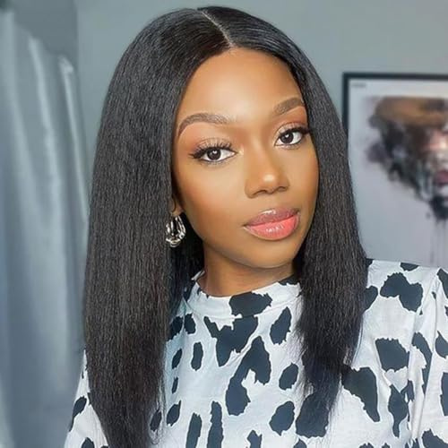 Yaki Human Hair Wig Glueless Bob Wigs for Black Women 13x4 Pre Cut Lace Front Wig Wear and Go Glueless Kinky Straight Human Hair 180% Density 10 Inch.
