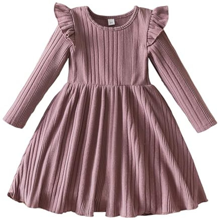 Robe Tricot Rayure Fille 2-7 Ans Robe Manche Longue Fille Cou Rond Hiver à Volants Princesse Pull Robe Femme Hiver Chaud Chic Et Elegant Anniversaire Habillée Confortable Casual (3-4 ans, Rose)