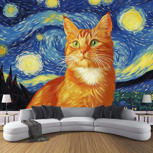 MIATCENRT Photo Wallpaper Living Room Art Photo Wallpaper, Orange Cat Starry Sky Art Wall Mural Silk Cloth 3D Large Wallpapers Decoration, The Wall for Bedroom Mural 450X315Cm (Wxh)