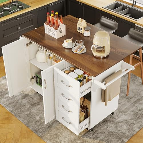 Huayz Carrito de cocina, isla de cocina, armario de cocina, armario de bufé, carrito de comedor con encimera plegable, aparador con ruedas, cajones y toallero, puertas, 128 x 71 x 93 cm
