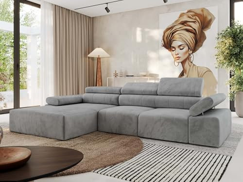 MKS MEBLE Ecksofa mit relaxfunktion elektrisch, Sofa L-Form - Rilasso - Hellgrau Velvet Links