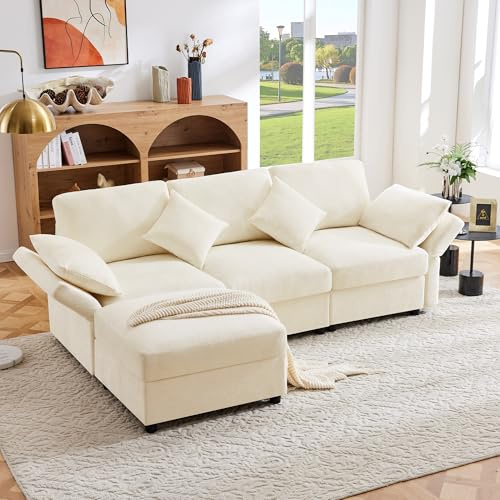DRIXNO L-förmiges Ecksofa mit Fußhocker, umwandelbares 3-Sitzer-Schlafsofa, 4 Kissen, Verstellbare Armlehnen, bequemer Chenille-Stoff, geeignet für Wohnzimmer/Büro/Wohnung,Beige.