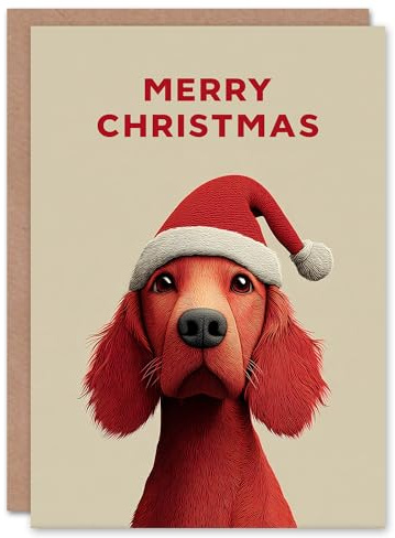 Artery8 Christmas Card Cute Irish Setter Dog Puppy Wearing Santa Hat