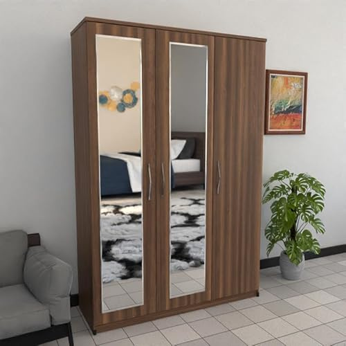 Fully Assembled Wardobe, 3 Door wardrobe, Mirrored 116cm (Walnut)