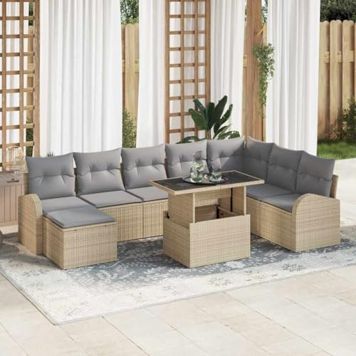 Frdhee Divano da giardino con cuscino, 9 pezzi, beige e grigio chiaro, per terrazze, veranda e piscina