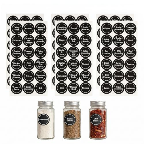 Matte Herb & Spice Labels Stickers – 6 Sheets, 108 Round Black Labels (35mm Diameter) – Includes 28 Blank Write-On & 80 Pre-Printed Seasoning Tags – Waterproof Kitchen & Pantry Organisation for Jars,