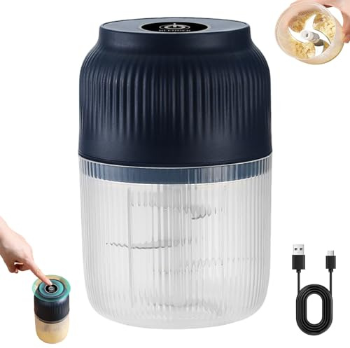 2026 Upgraded Electric Garlic Chopper 320ML Mini Food Processor, 6 Stainless Steel Blades, USB Rechargeable Portable Cordless Veggie Vegetable Onion Nut Meat Grinder, One blue Six blades & egg beater
