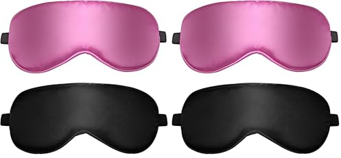 Lot de 4 Masque de Nuit, Masque de Sommeil en Soie Ultra-Douce Masque des Yeux Cache Yeux pour Dormir Anti-lumière avec Sangle Élastique Réglable(Noir, Rose)