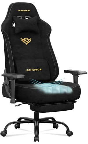 SONGMICS Gaming Chair, Suede Fabric Ergonomic Office Chair with Footrest and 4D Armrests, Pocket Spring Seat, 180 kg Capacity, 72 x 72 x (125-135) cm, Ink Black, Cathy Collection OBG095BH01