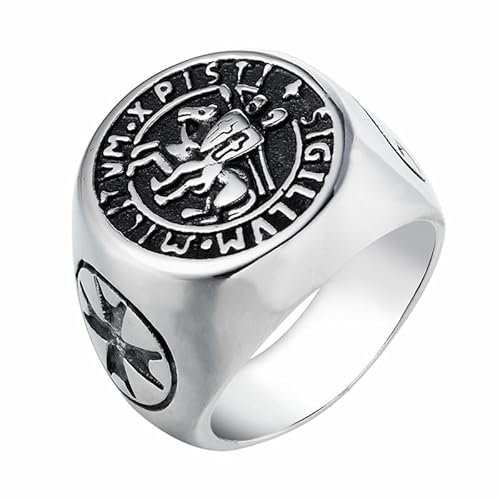 BOBIJOO JEWELRY - Chevalière Homme Sceau Templier Christ Bague Croix de Malte Sigillum Militum Xpisti Acier inoxydable - 21,6 (12 US)