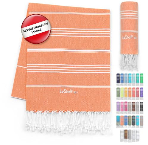 LeStoff Hamamtuch - 100% Bio-Baumwolle, 95 x 180 cm, Vorgewaschen, Saugstark, Schnelltrocknend, Leicht, Kompakt, Sandfrei, Strandtuch, Reisehandtuch, Badetuch, Handtuch groß, Liegetuch (Orange)