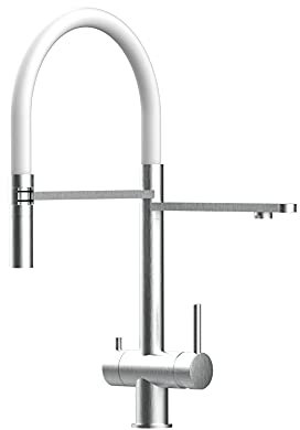 Mitigeur Évier Robinet Cuisine 3 Voies en ACIER INOXYDABLE pour les systèmes de filtration d'eau avec bec pivotant 360° et douchette 2-jets détachable, Acier Brossé/Blanc