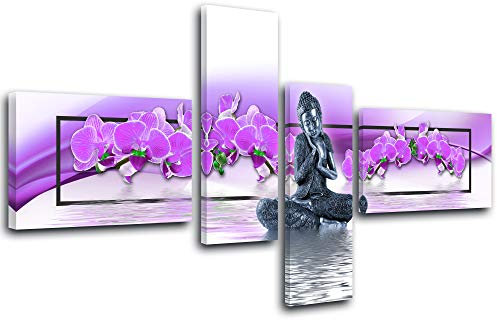 DECLINA Tableau Bouddha et Orchidée imprimé - Impression sur Toile décoration Murale Zen - Déco Maison, Cuisine, Salon, Chambre Adulte - Rose 130x65 cm
