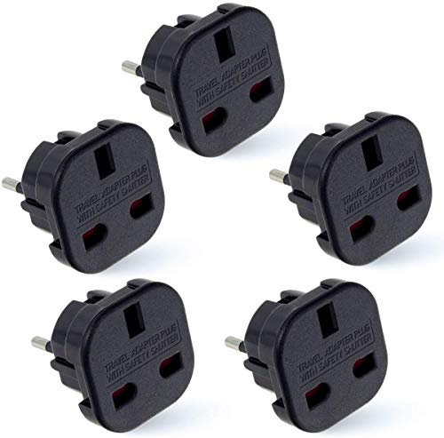 Pack of Travel Adapter | UK to European Plug Adapter Converter (Euro Type C, E, F) EU Plugs for travelling to Italy Cape Verde Poland Spain Turkish Greece Bulgaria and more (5 PACK, Black)