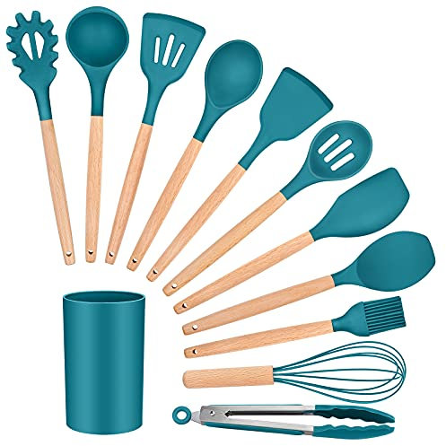 Homikit Silicone Kitchen Utensil Set, 12 Piece Non-Stick Cooking Utensils Baking Spatulas Set with Holder, Heat Resistant Kitchen Tools Turners Safe for Cookware, Wooden Handle & Non-Toxic (Dark Blue)