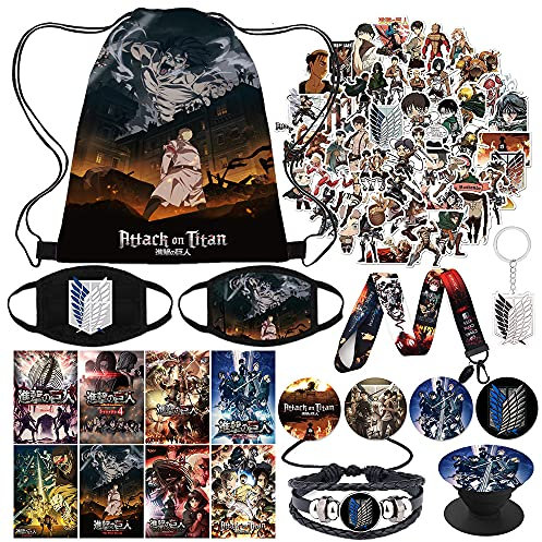 KINON Attack on Titan Geschenkset, inkl. Kordelzugbeutel, Gesichtsmasken, Knopfnadeln, niedliche Aufkleber, Armband, Schlüsselband, Telefonringhalter, Schlüsselanhänger, Poster, KINON-0515, groß