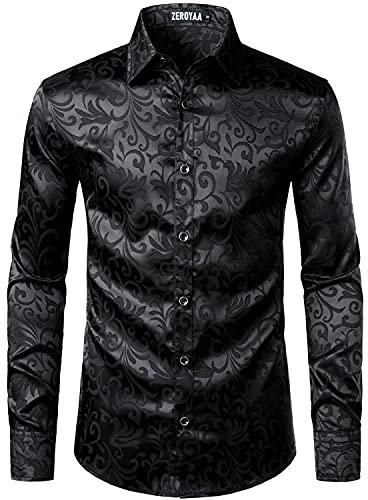 PARKLEES Men's Luxury Jacquard Long Sleeve Dress Shirt Slim Fit Satin Slik Like Floral Printend Shirts for Wedding Party Prom Black XL