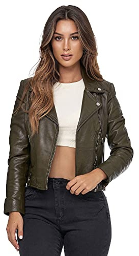 Tazzio Lederjacke Damen Echtleder Jacke im Biker Look mit coolen Zipper-Details & Reverskragen F507 (M, Khaki)