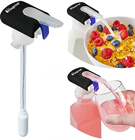Magic Tap Automatic Drink Dispenser for Fridge, Black, 1 Pack, No Spill | Fits most bottles and gallon jugs, battery-powered one-hand pouring, leak-resistant seal with trigger lock