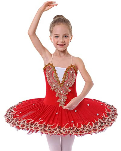 IBAKOM Mädchen Ballettkleid Spaghettiträgern Ballett Tanzkleid Schwanensee Spitze Perlen Camisole Trikot Turnanzug Tutu Kostüm Eiskunstlauf Tanzkleidung Ballerina Outfit Rot 7-8 Jahre