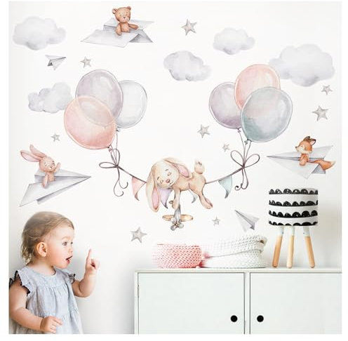 Little Deco Hase mit Luftballons Wandsticker Tiere Babyzimmer Wandtattoo für Kinderzimmer Wandaufkleber selbstklebend Deko DL846-2