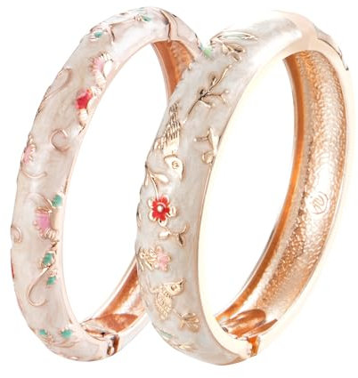 Wynameleri UJOY Enamel Bangle for Women, Cloissonne Floral Bracelet for Lady, Vintage Bracelet Jewellery 2 Pcs Rose Gold Beige Bracelets for Girls. Women, Happy Mothers Day Bangles Set from Daughter