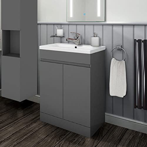 Biubiubath 600mm Bathroom Sink Unit with Basin Matt Grey 2 Soft Close Doors Freestanding Bathroom Suite with Vanity Unit