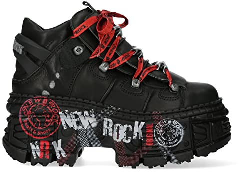 New Rock Stivali WALL106-C9 Stivali gotici unisex in pelle nera metallizzata, Nero , 45 EU