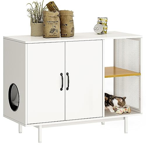 soges Maison de Toilette Chat, Meuble pour Cacher Litière Chat avec Étagères, Meuble Armoire de Rangement de Salon avec Trou pour Chat, 96 x 42 x 73 cm
