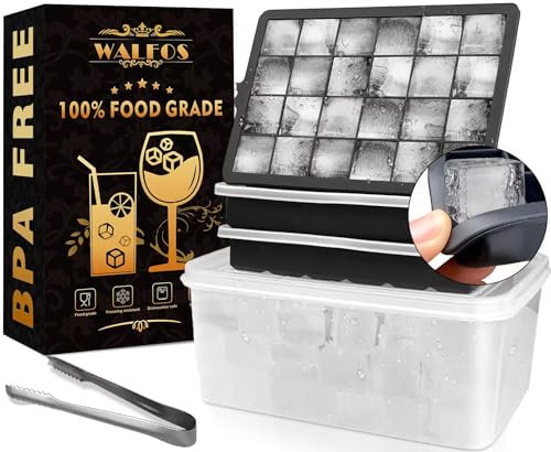 Walfos® Eiswürfelform Silikon, Eiswürfelbehälter mit Deckel,leichtes Herauslösen der Eiswürfel,BPA-frei,für Cocktails Whisky Wein Obst(3 x 24-Loch-Tabletts, 1 Behälter und Eiszangel)
