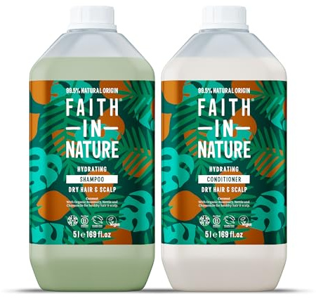 Faith In Nature Natural Coconut Shampoo and Conditioner Set, Hydrating, Vegan & Cruelty Free, No SLS or Parabens, For Normal to Dry Hair, 2 x 5L Pack